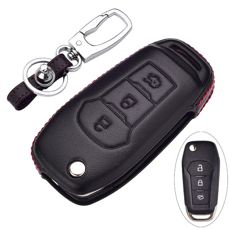 ROYALFOX(TM 2/3 Buttons Leather flip Remote Key Fob case Cover for 2015 2016 2017 2018 2019 Ford F150 F250,Focus 3 Escort Kuga Everest Fiesta Mustang Edge MKV S-MAX Fusion 2016 Ranger (Leather Black) - Image 1